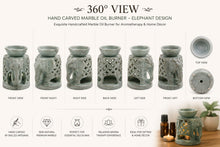 Hand-carved marble elephant oil burner shown from multiple angles