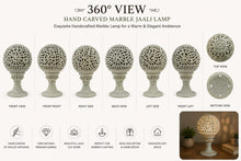 Hand-carved marble jaali lamp shown from multiple angles