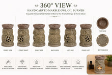Hand-carved marble owl oil burner shown from multiple angles
