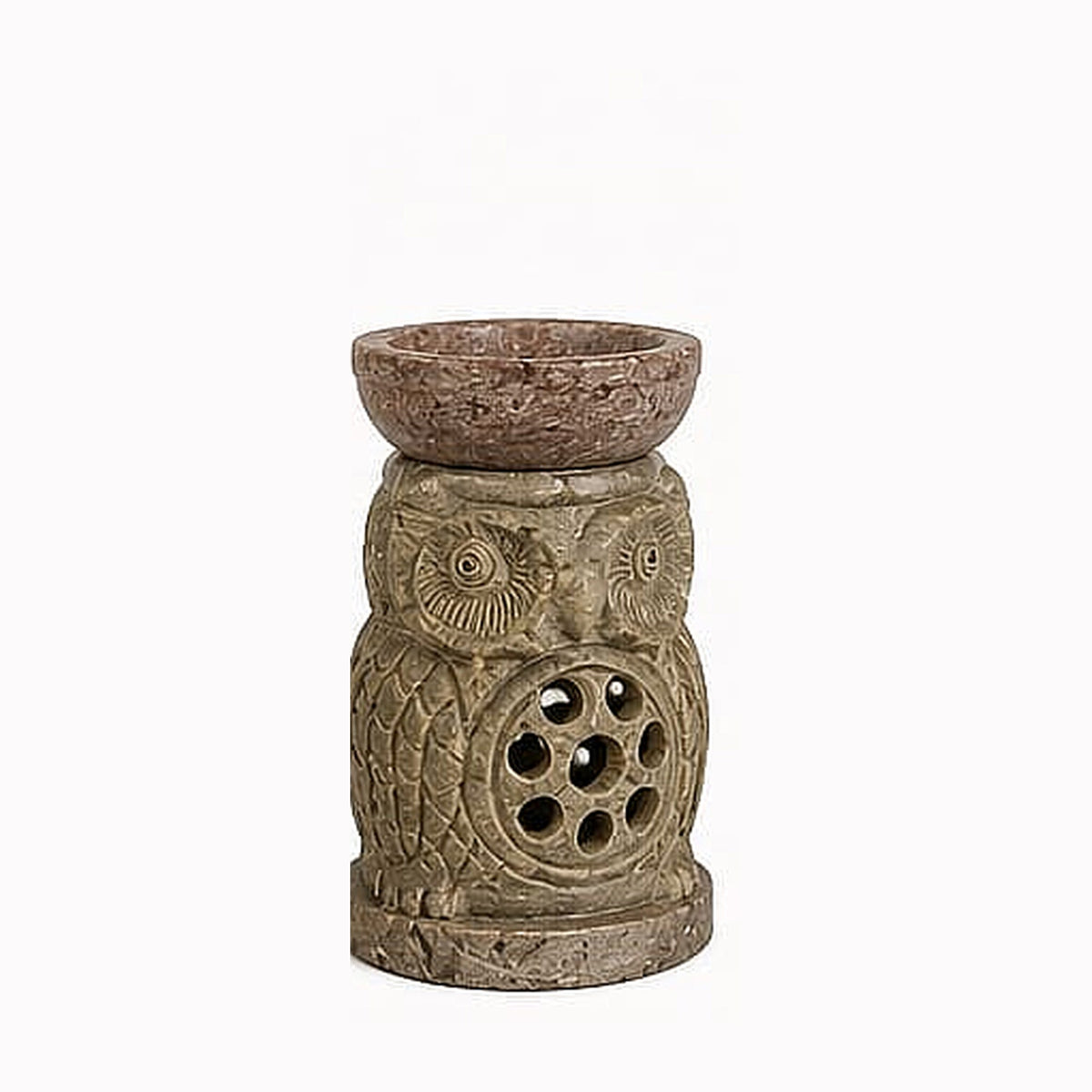 Hand-carved marble owl oil burner, front view