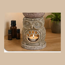 Hand-carved marble owl oil burner illuminated with a tealight